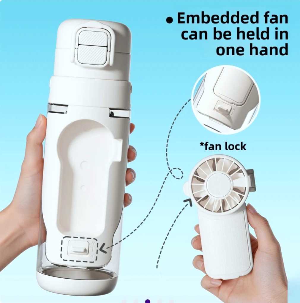 The detachable fan lifts out of the bottle and fits in one hand